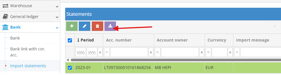 Import statement screen in bank module